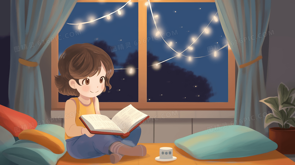 窗户边睡前阅读的小女孩插画