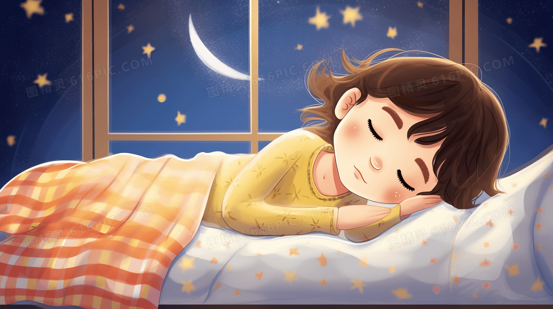 床上安稳睡觉的小女孩插画