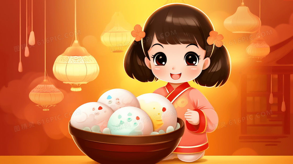 小女孩和一碗彩色糯米汤圆插画