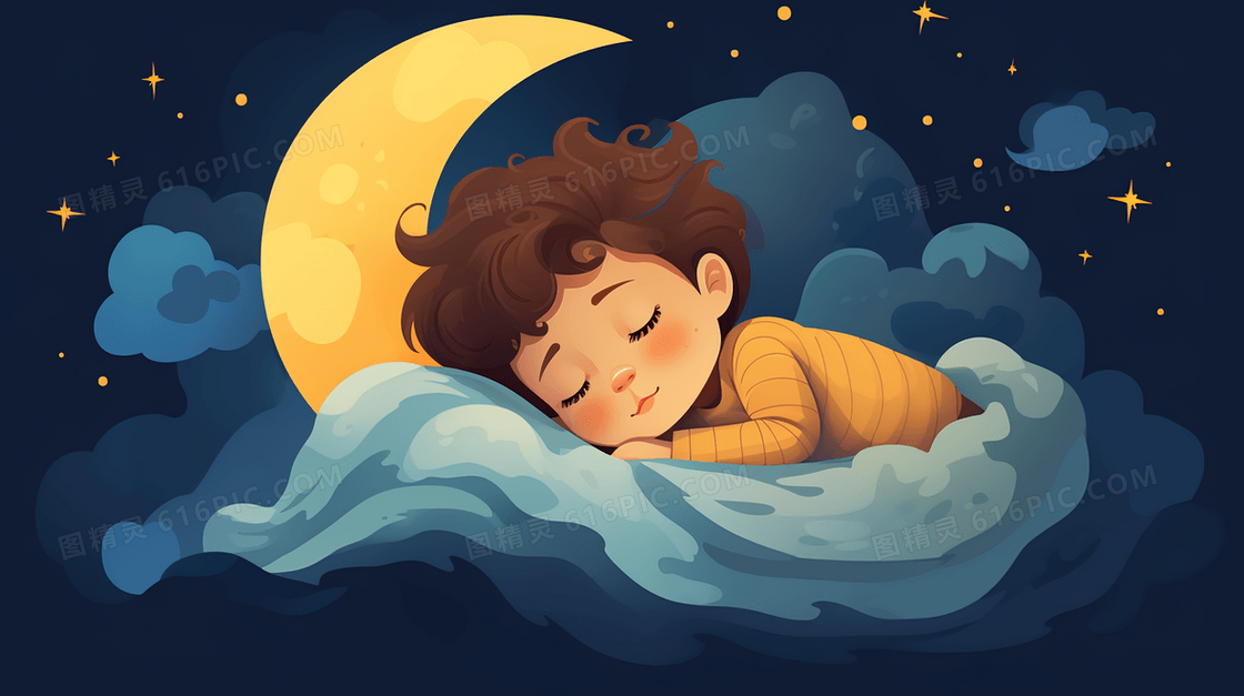 在云朵上睡觉的可爱男孩插画