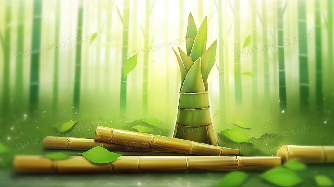 春季竹林里的竹笋插画