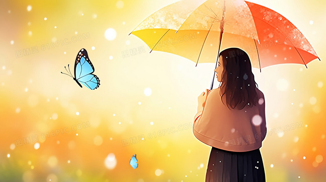 撑着雨伞的女生插画