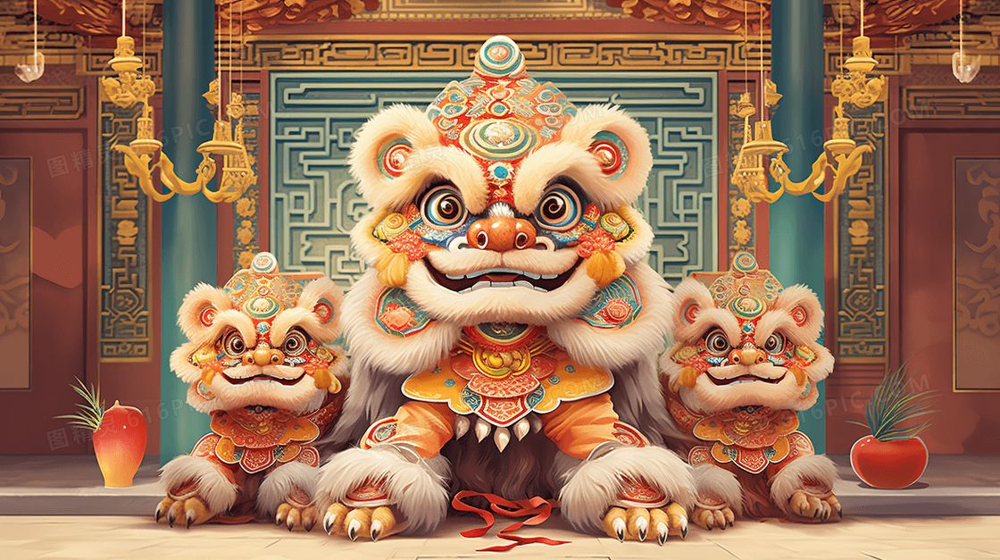 春节可爱的3D醒狮插画