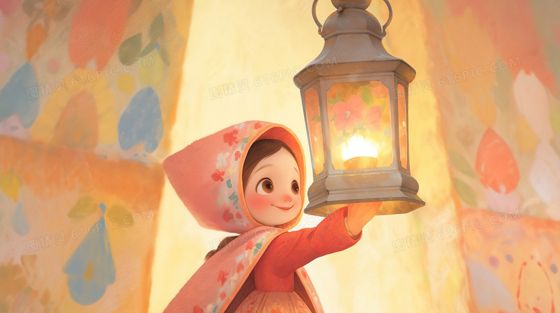 一个提着灯笼的小女孩插画