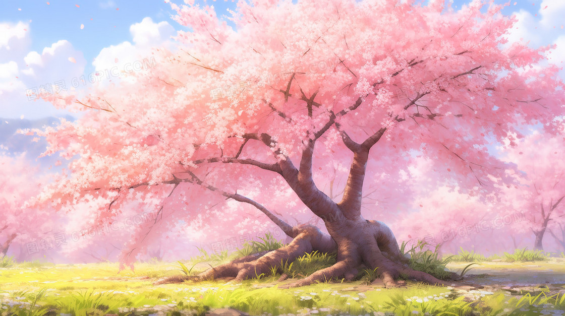 春天盛开的樱花树插画