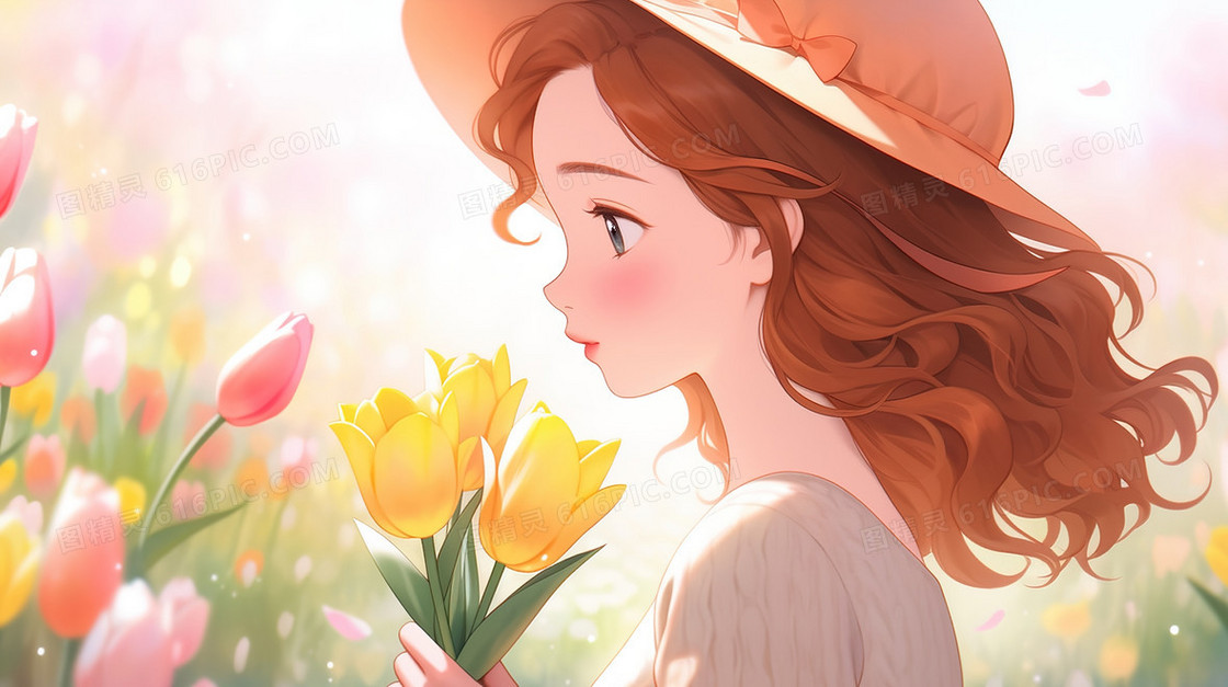 春季阳光下拿着鲜花的女孩插画