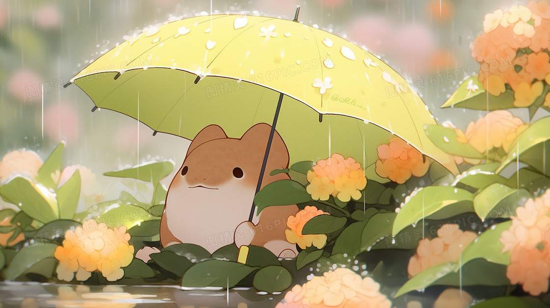 雨中森林小溪上撑着雨伞的小动物插画