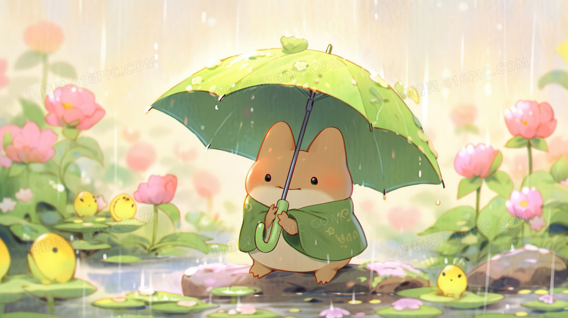 雨中森林小溪上撑着雨伞的青蛙插画