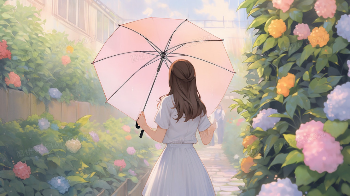 花海里撑着雨伞的少女背影插画