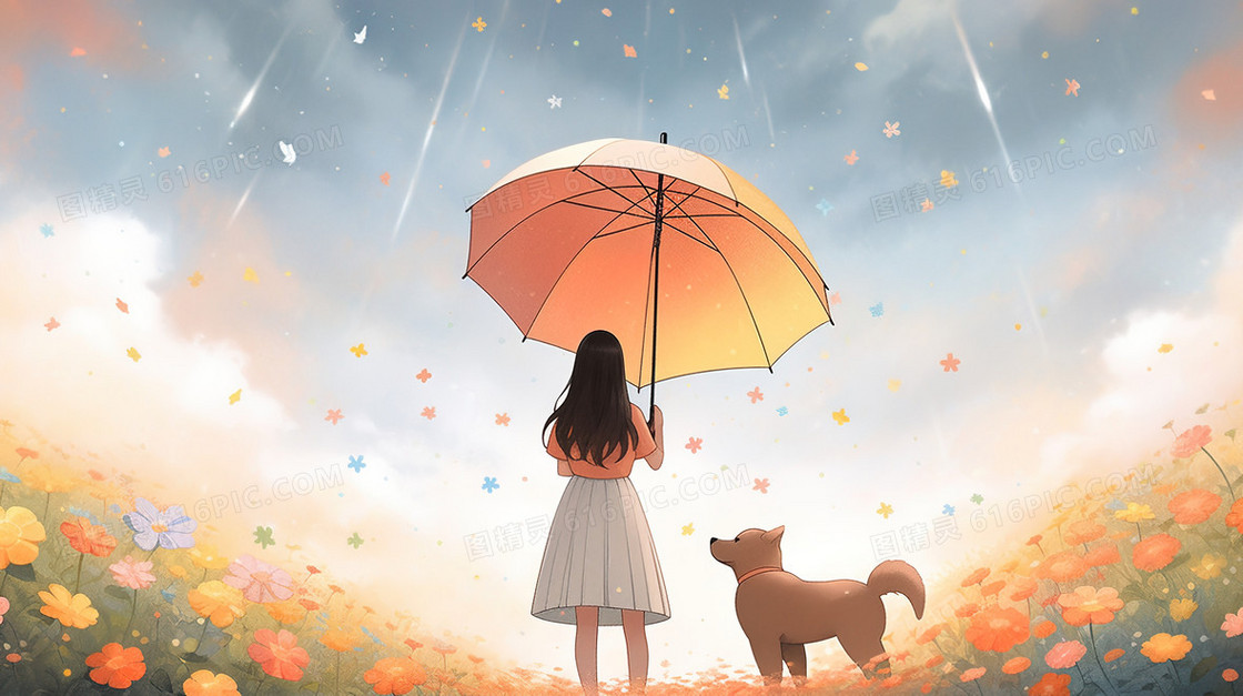 花海里撑着雨伞的少女背影插画