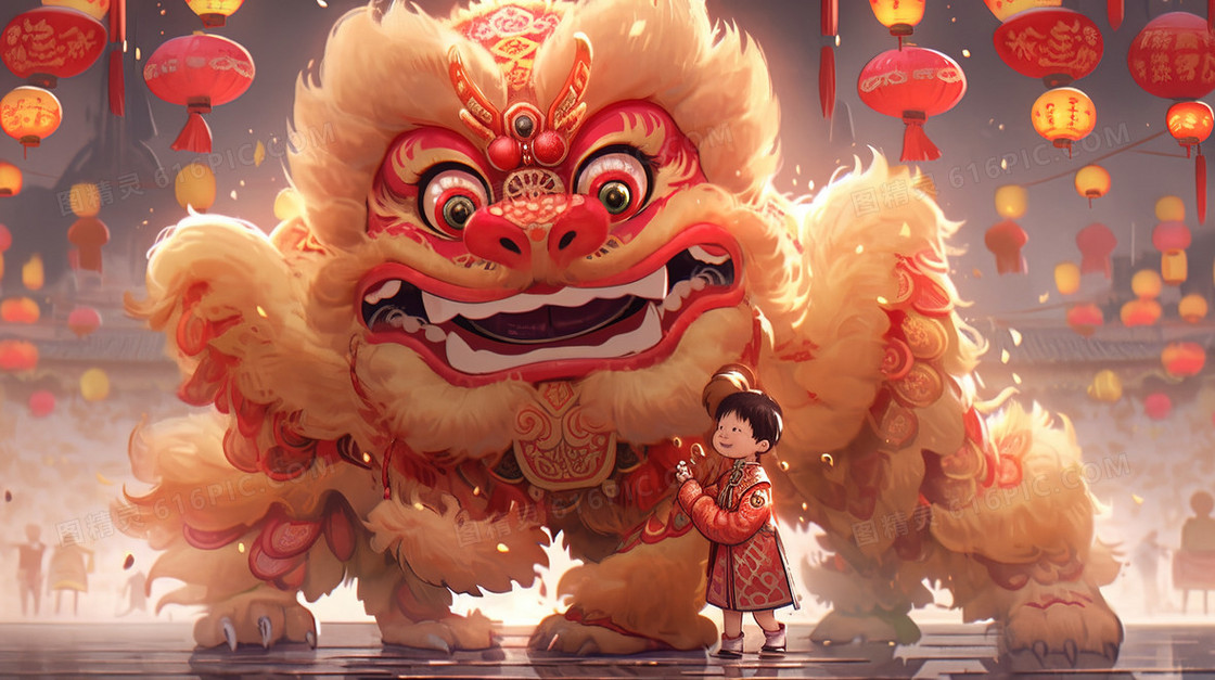 春节庆典里小孩和舞狮插画