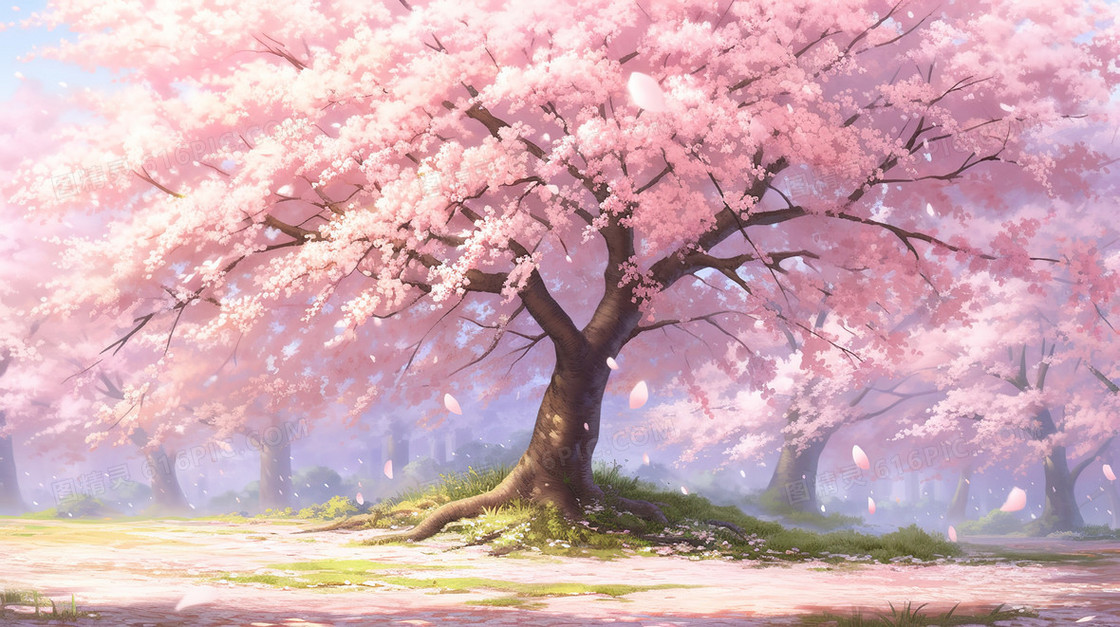 春天盛开的樱花树插画