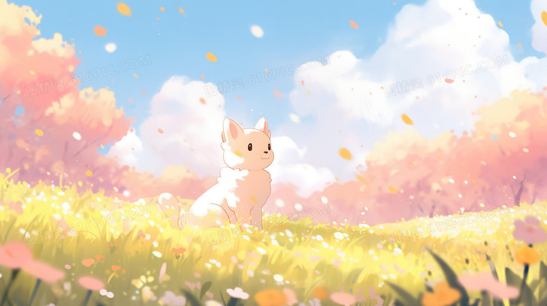 春季山野花草底里的白色小动物插画