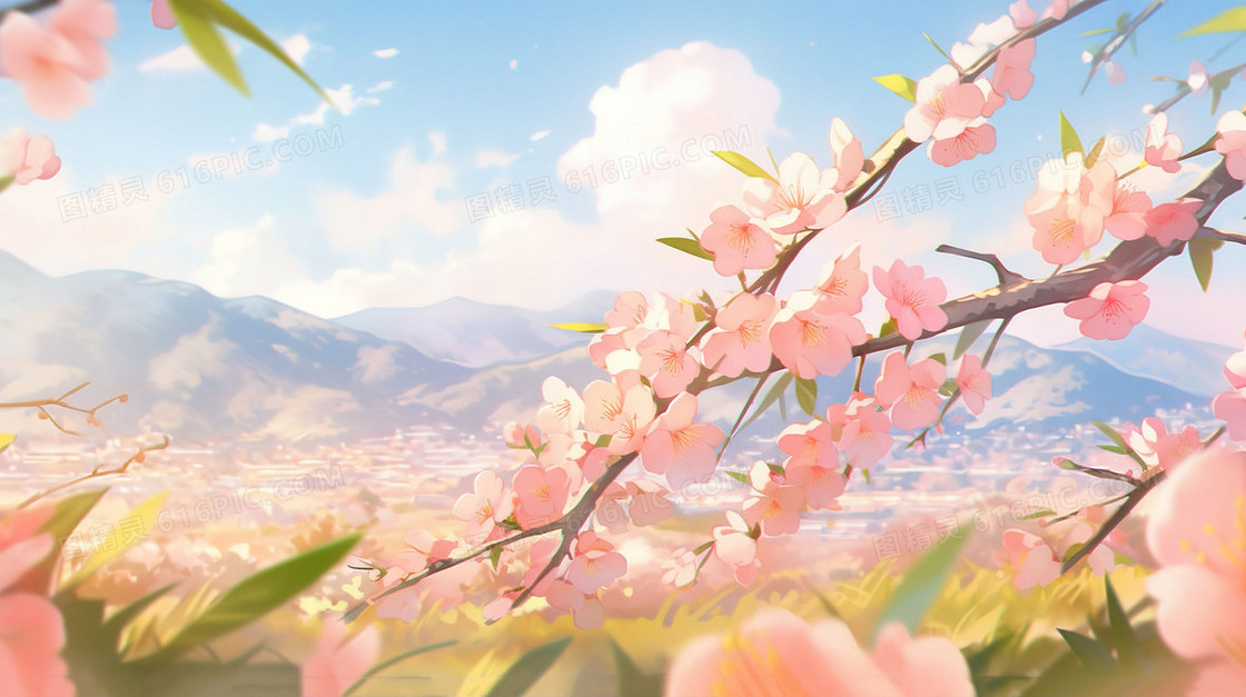 春季山野盛开的桃花树插画