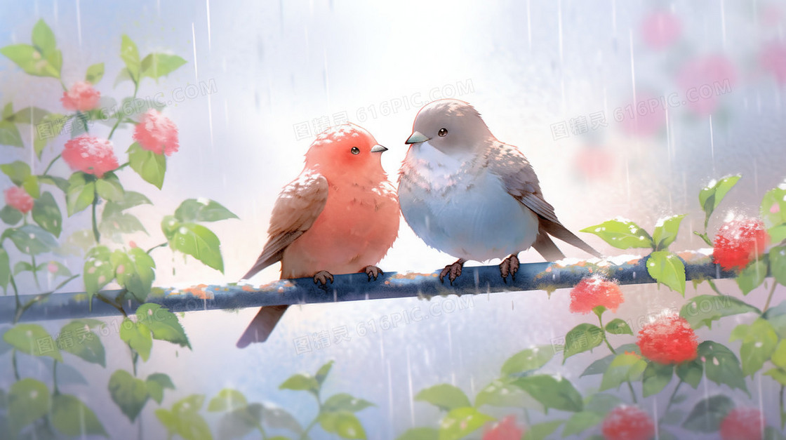 雨中花园中的小鸟插画