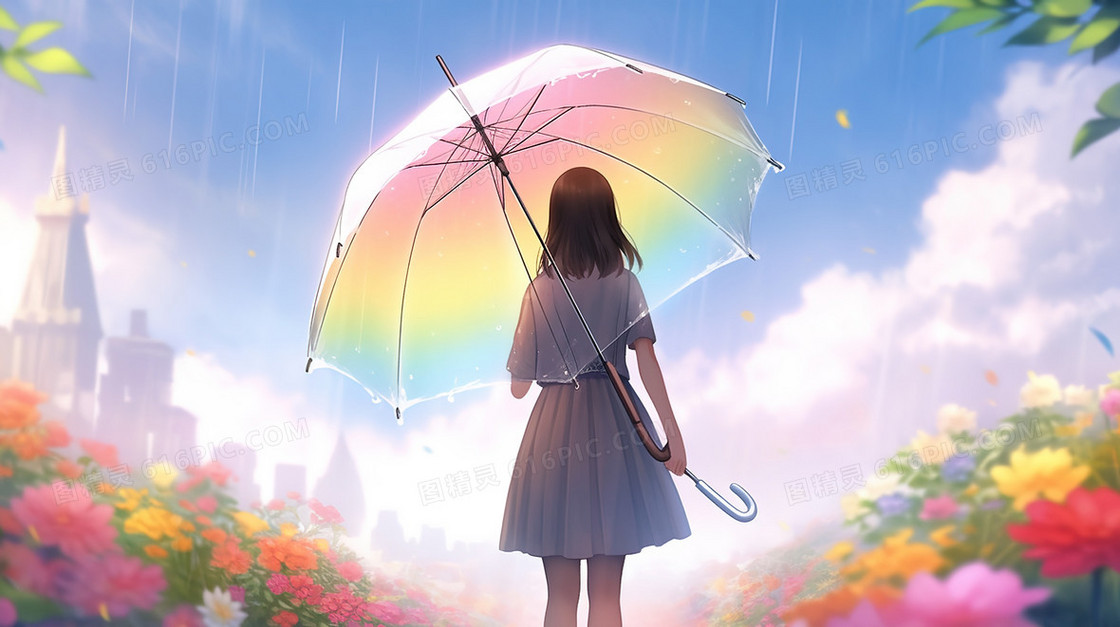 花海里撑着雨伞的少女背影插画