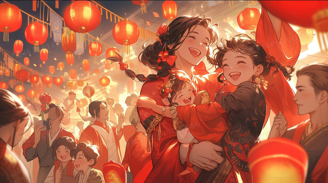 古镇春节庆典里快乐观赏灯笼的人们插画