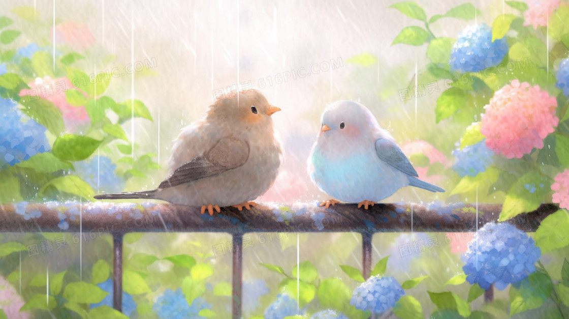 雨中花园中的小鸟插画