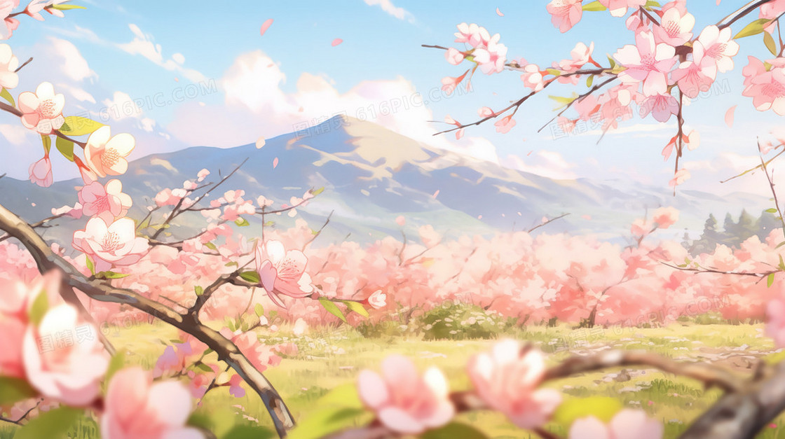 春季山野盛开的桃花树插画