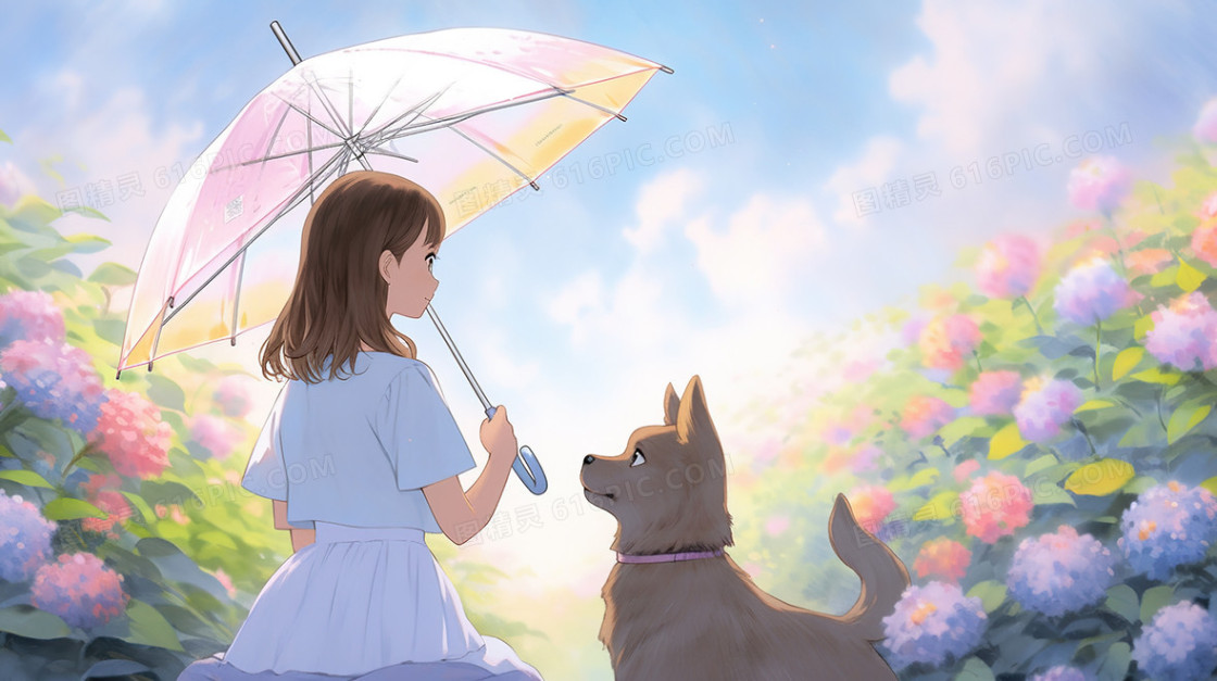 花海里撑着雨伞的少女背影插画