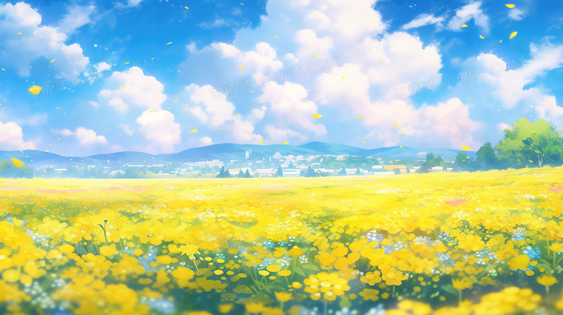 春季蓝天下的黄色鲜花花海插画