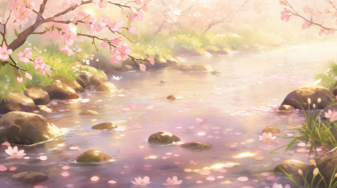 春天漂浮粉色花瓣的小溪唯美插画