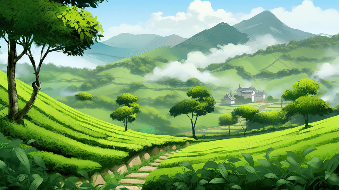 春季绿色山丘上的茶园插画