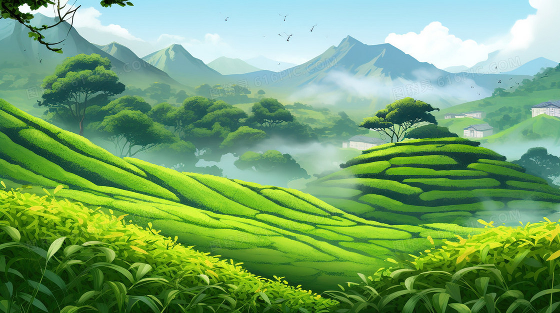 春季绿色山丘上的茶园插画
