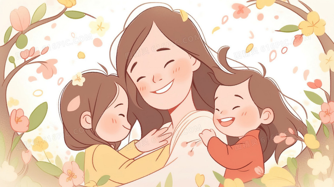 拥抱在一起的家人温馨插画
