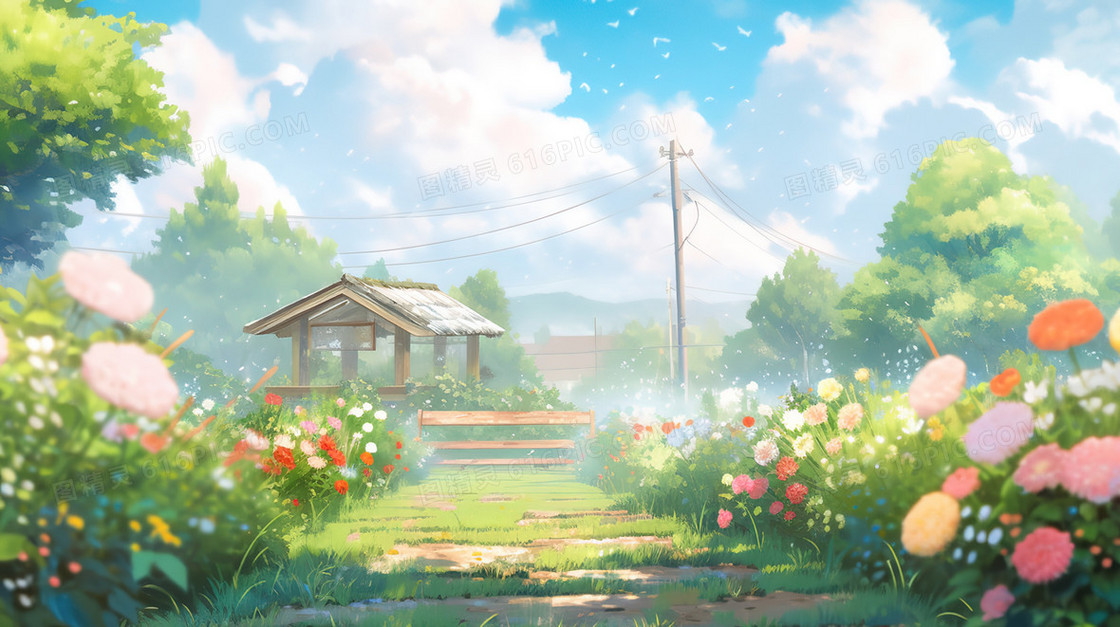 春季开满花朵的小院子风景插画