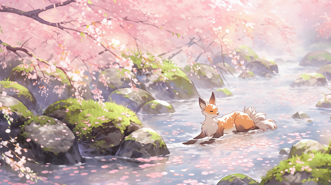 春天漂浮粉色花瓣的小溪唯美插画