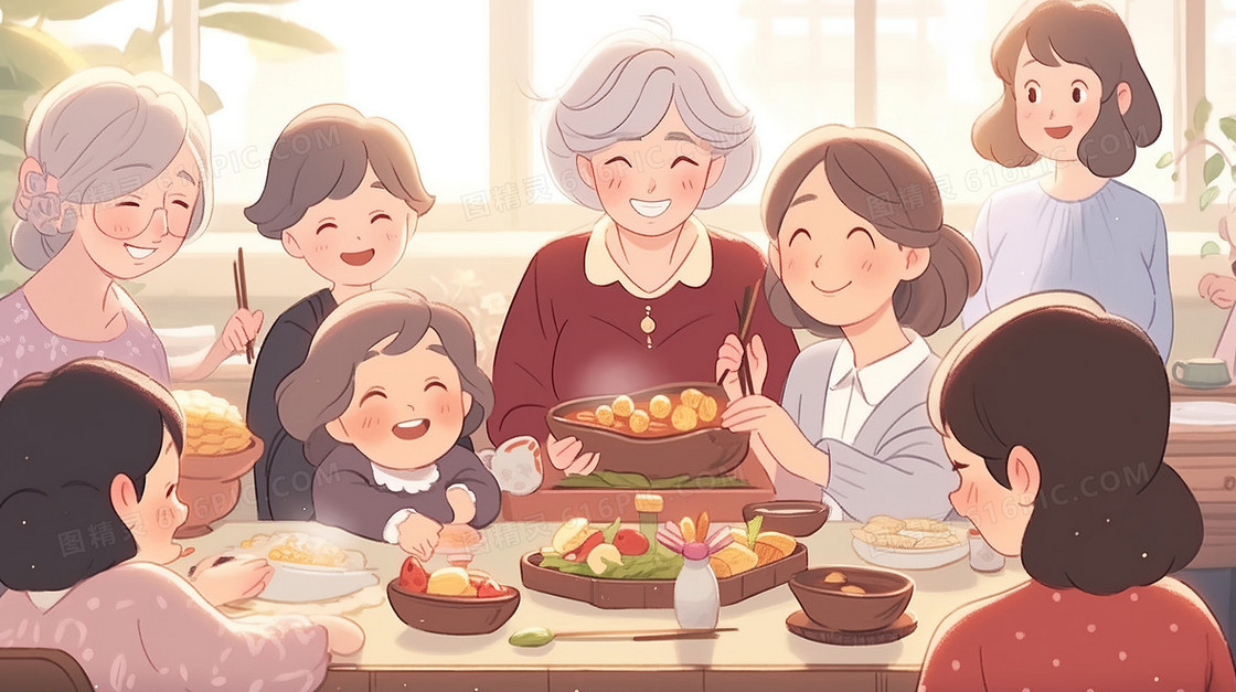 家人围坐在一起享用美食插画