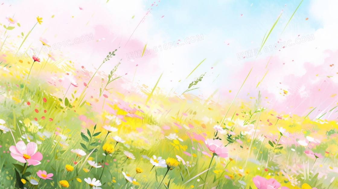春天绿色山坡上盛开的花朵插画背景图片下载_2912x1632像素JPG格式_编号vdjfm6g33_图精灵
