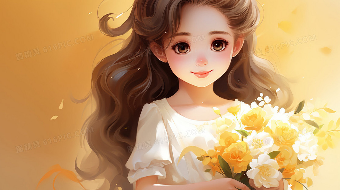 抱着黄色花束的甜美女孩插画