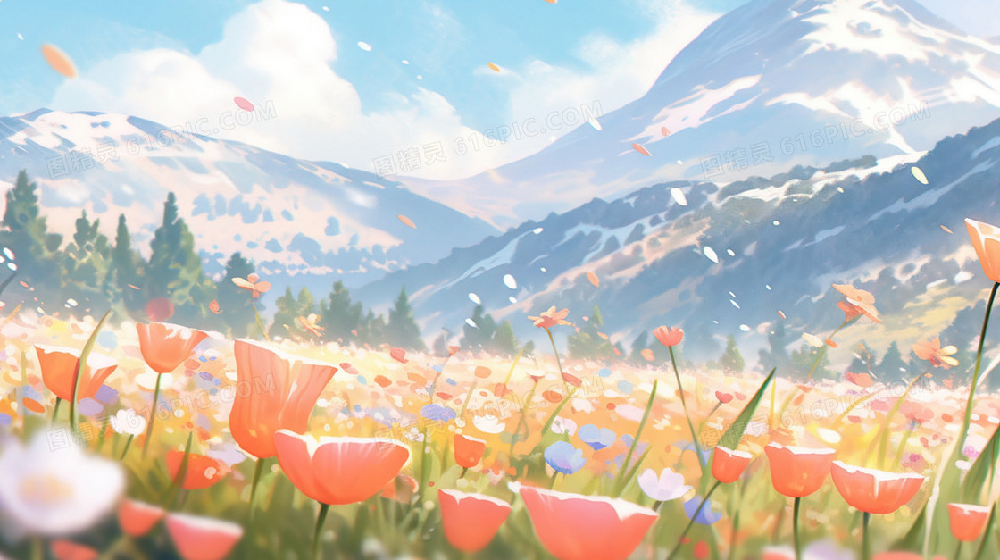 春天绿色山坡花海唯美风景插画