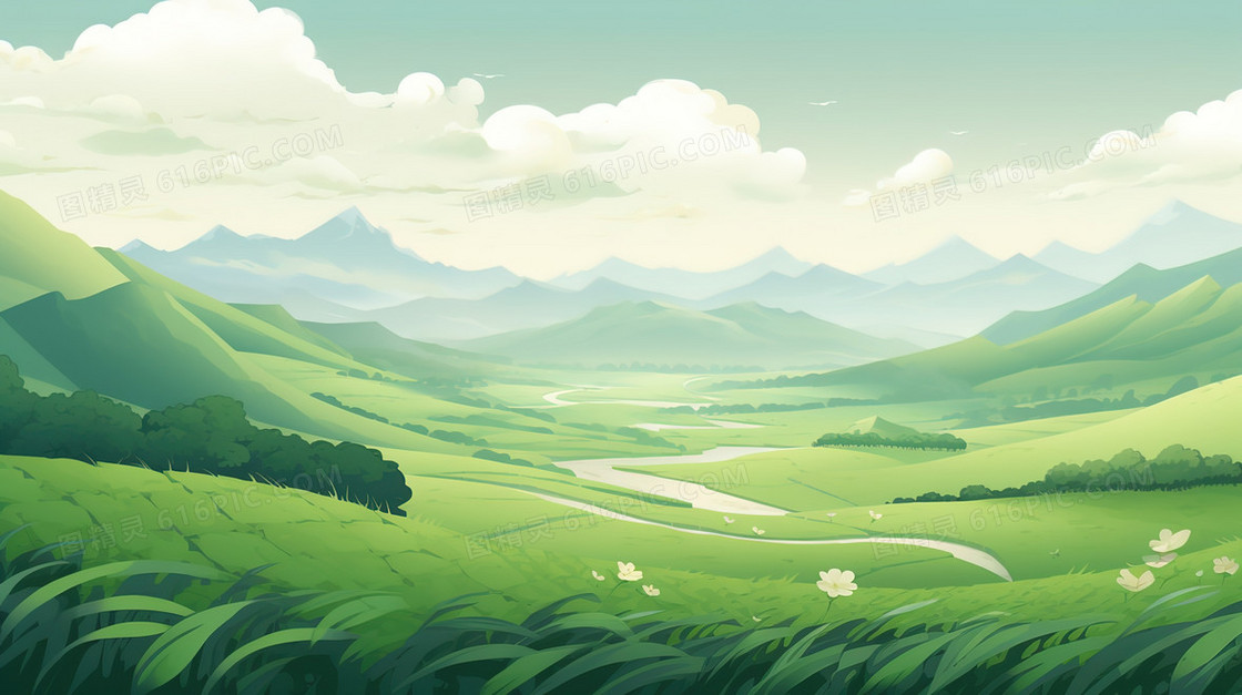 春天绿色山坡草地风景插画