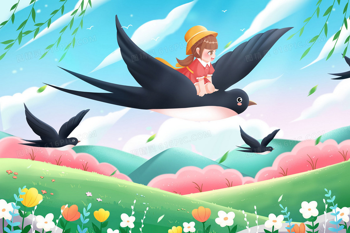 春天可爱女孩坐在巨大的燕子上插画
