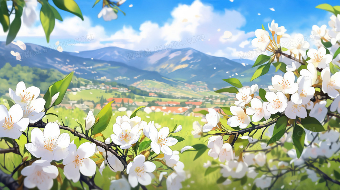 粉色樱花和雪山唯美风景插画