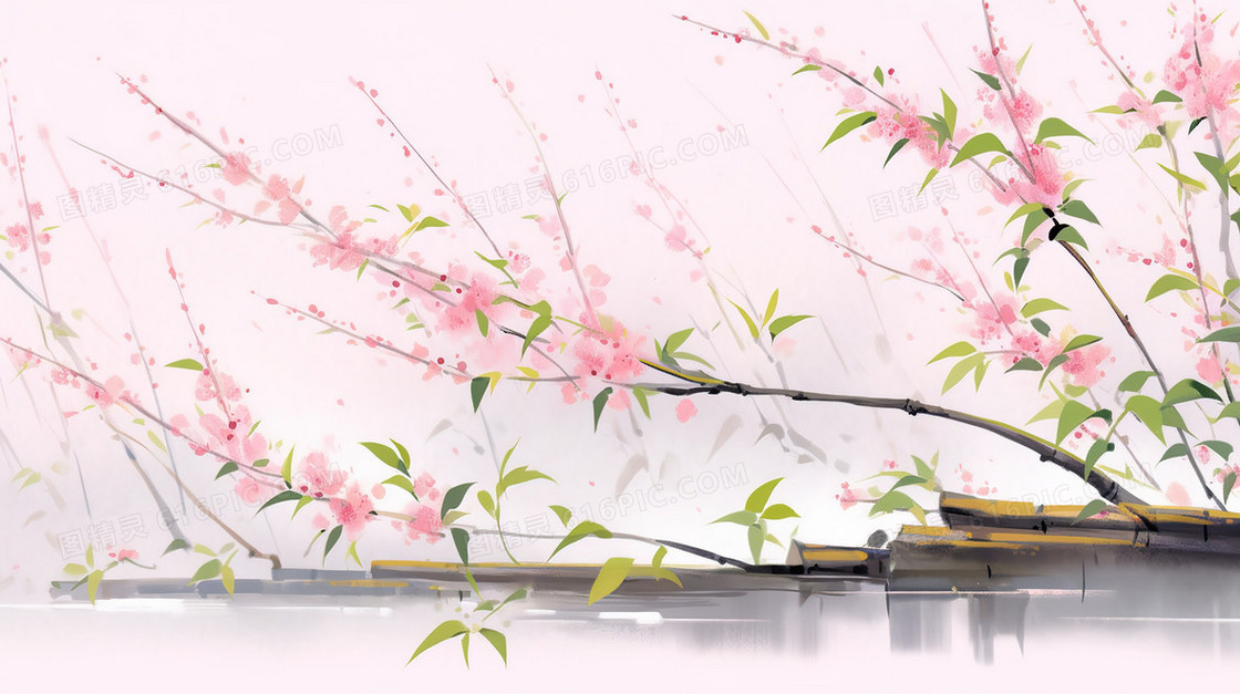 院墙边的粉色花朵树枝插画