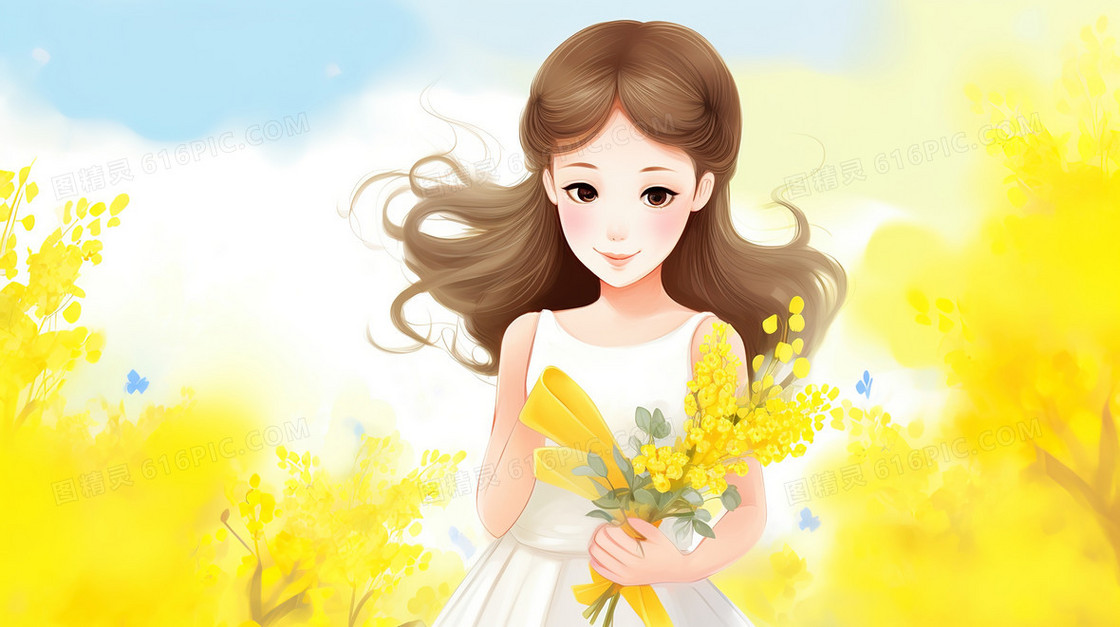 黄色花海里抱着一束黄色鲜花的女士插画