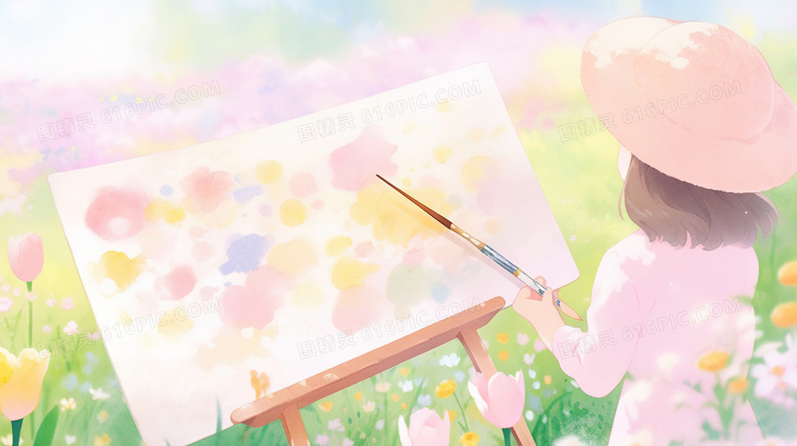 春天户外写生画画的女孩插画