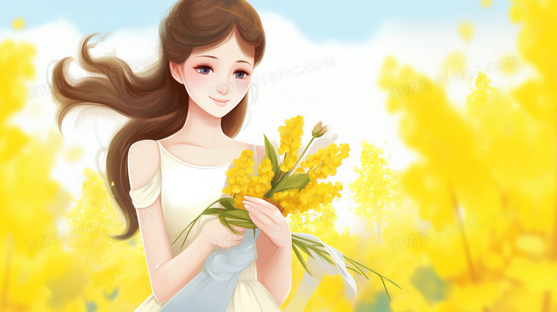 黄色花海里抱着一束黄色鲜花的女士插画