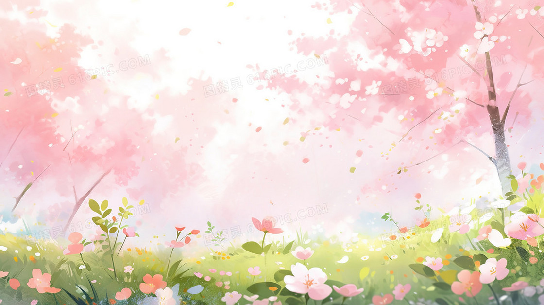 春天绿色山坡花海唯美风景插画
