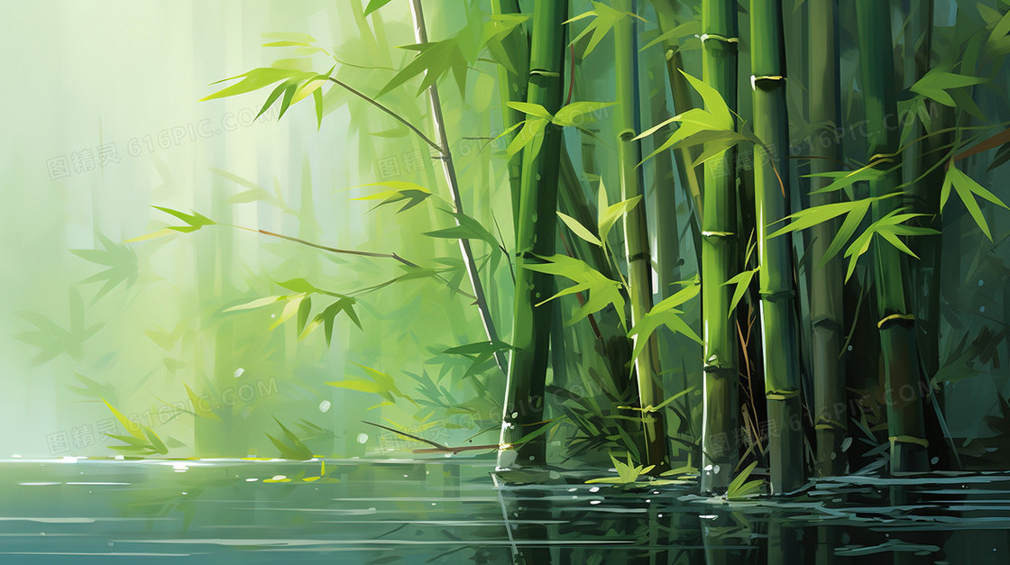 水面上的绿色竹林风景插画