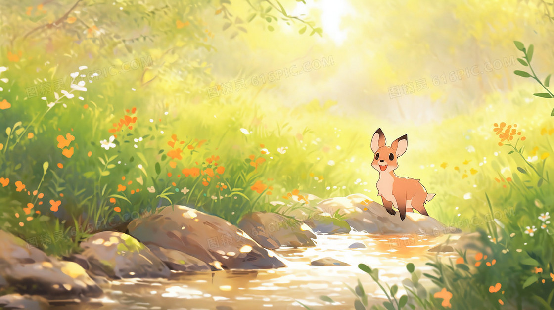 春天绿色草地小溪旁的小鹿插画
