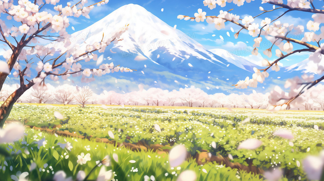 粉色樱花和富士山唯美风景插画