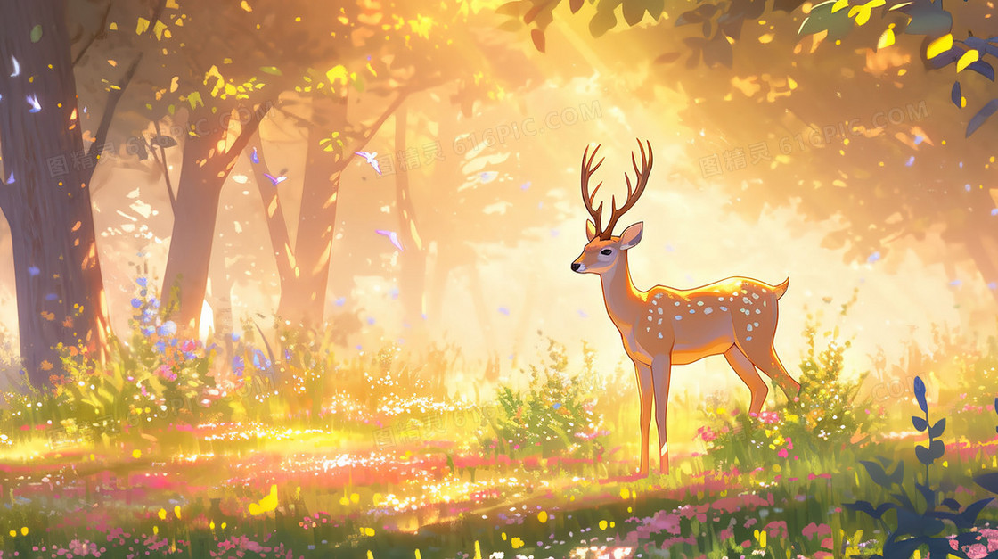 阳光照耀的山林里的梅花鹿插画