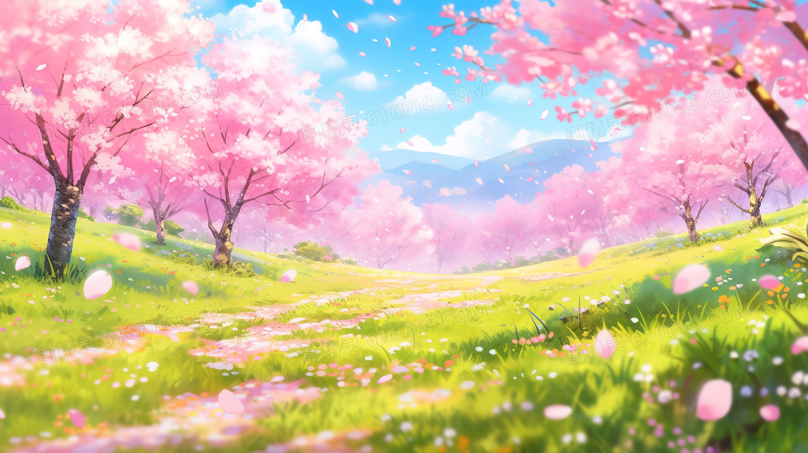 春天绿色山坡花海唯美风景插画