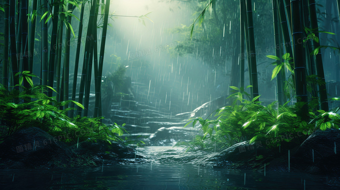 雨天的绿色竹林风景插画
