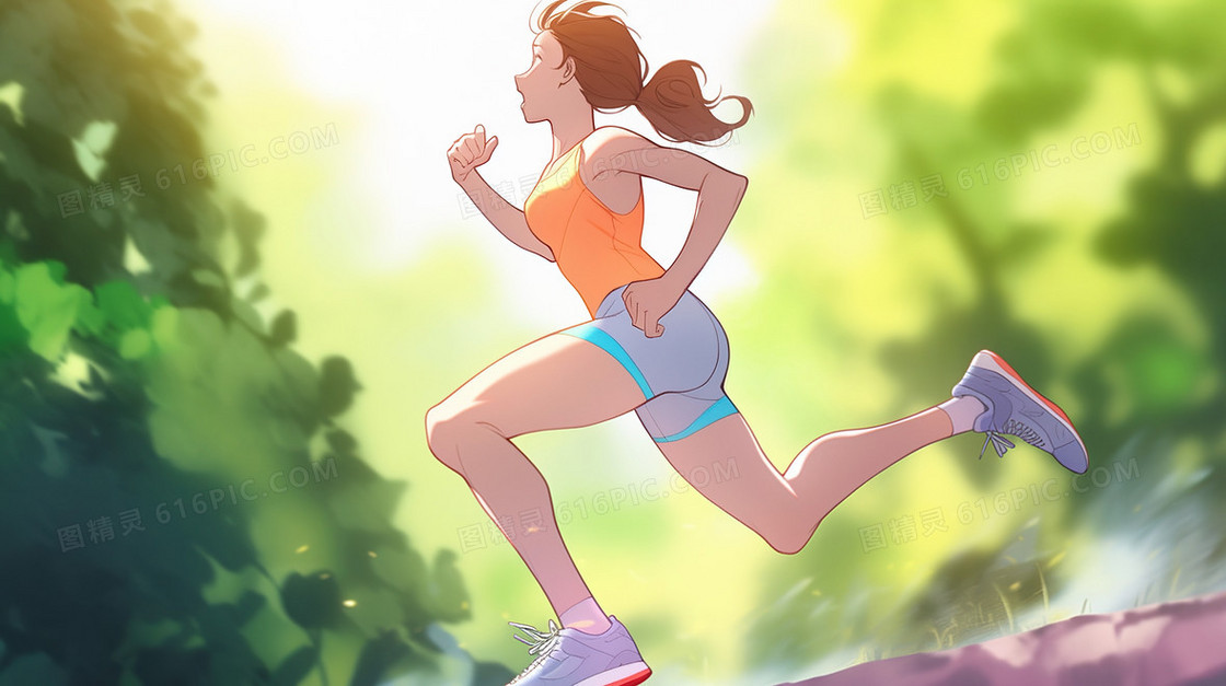在公园里练习跑步的女生插画